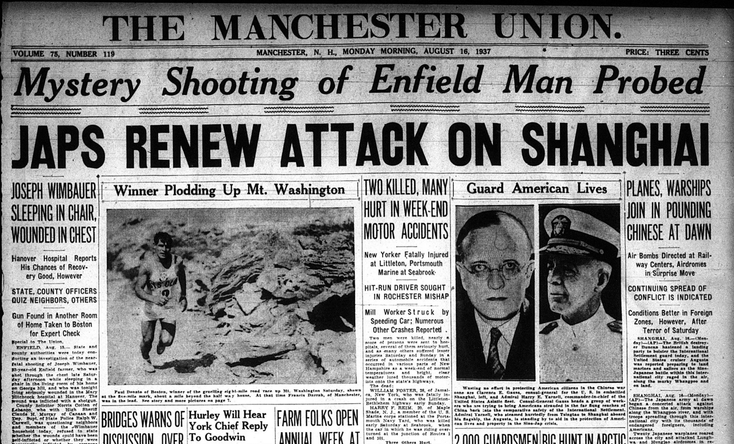 Front page of the Manchester Union for 16 August 1937 with a photograph of Paul Donato running up a bare mountain road under the headline Winner Plodding Up Mt. Washington.