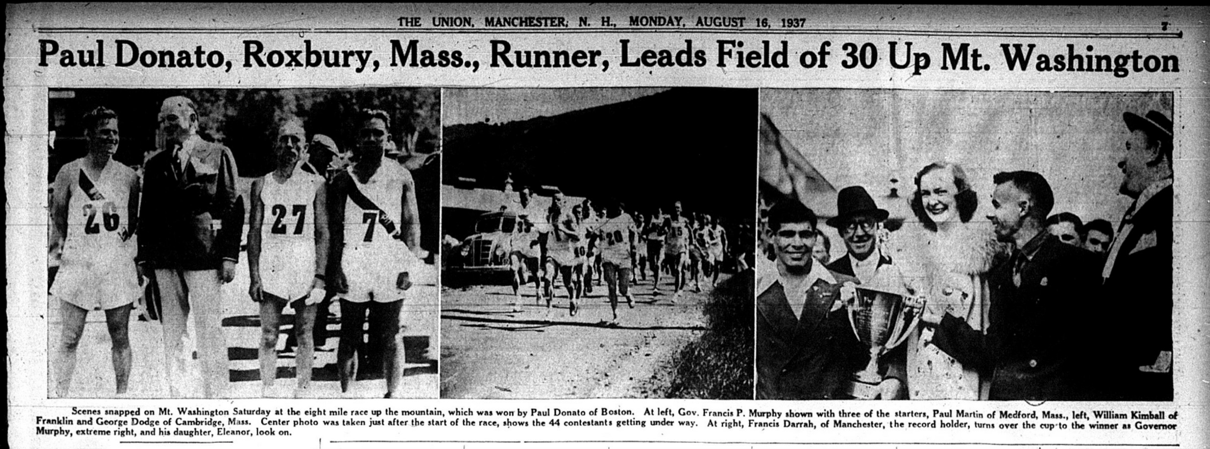 Page seven of the Manchester Union showing three photographs: the governor with three starters, the mass start of the race, and the trophy presentation with a large two handled cup.