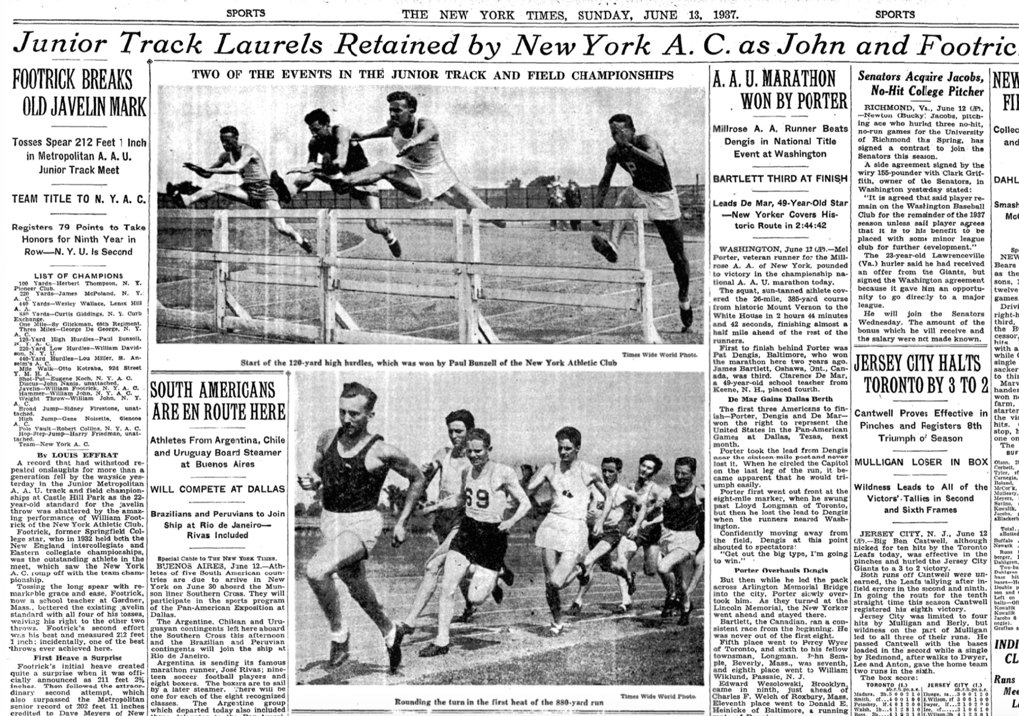 Sports page of the New York Times for 13 June 1937 including a column headlined A.A.U. Marathon Won by Porter.