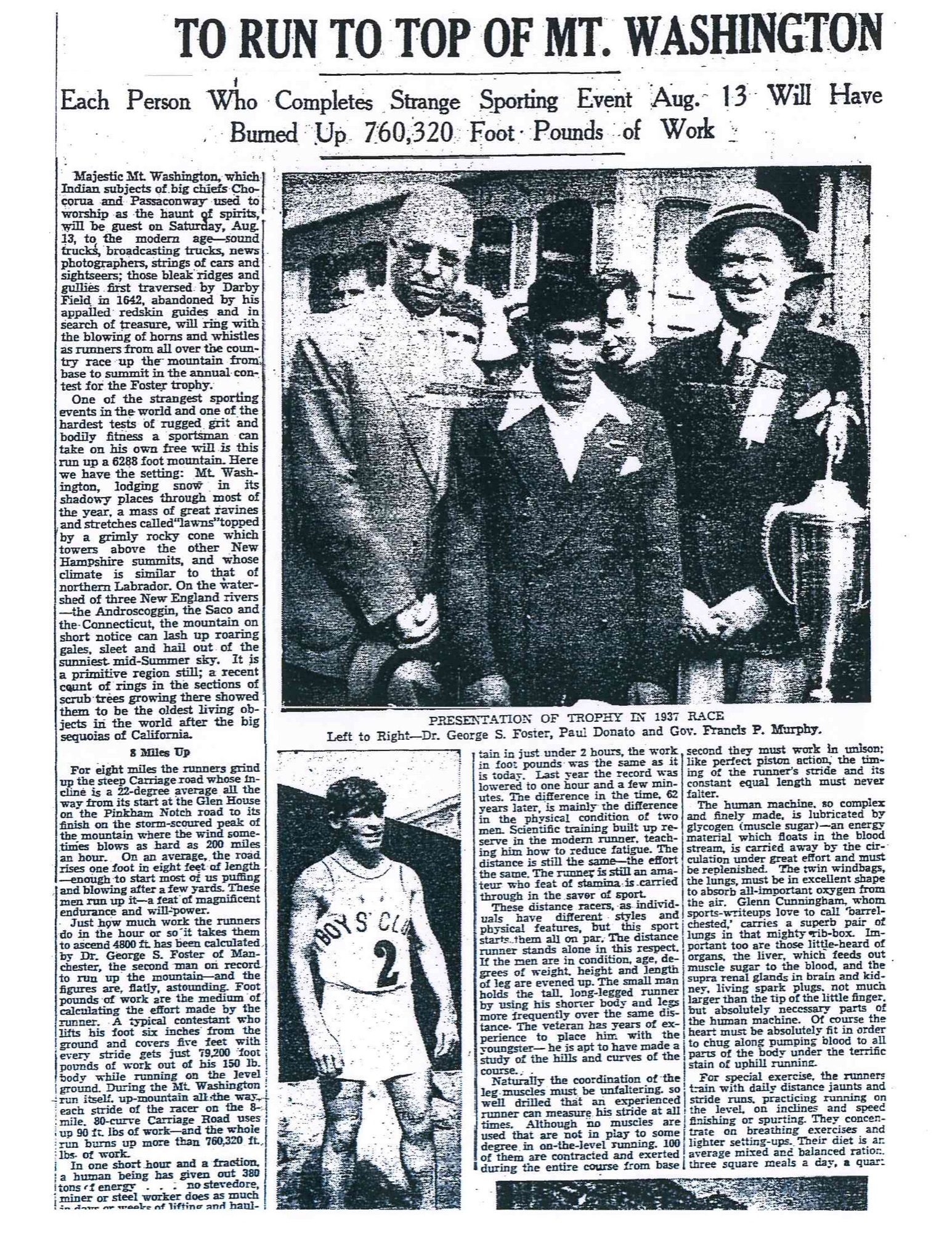A Boston Globe feature page headlined 380 Tons of Energy Required to Run to Top of Mt. Washington, with a photograph of Donato running and a trophy presentation photograph.