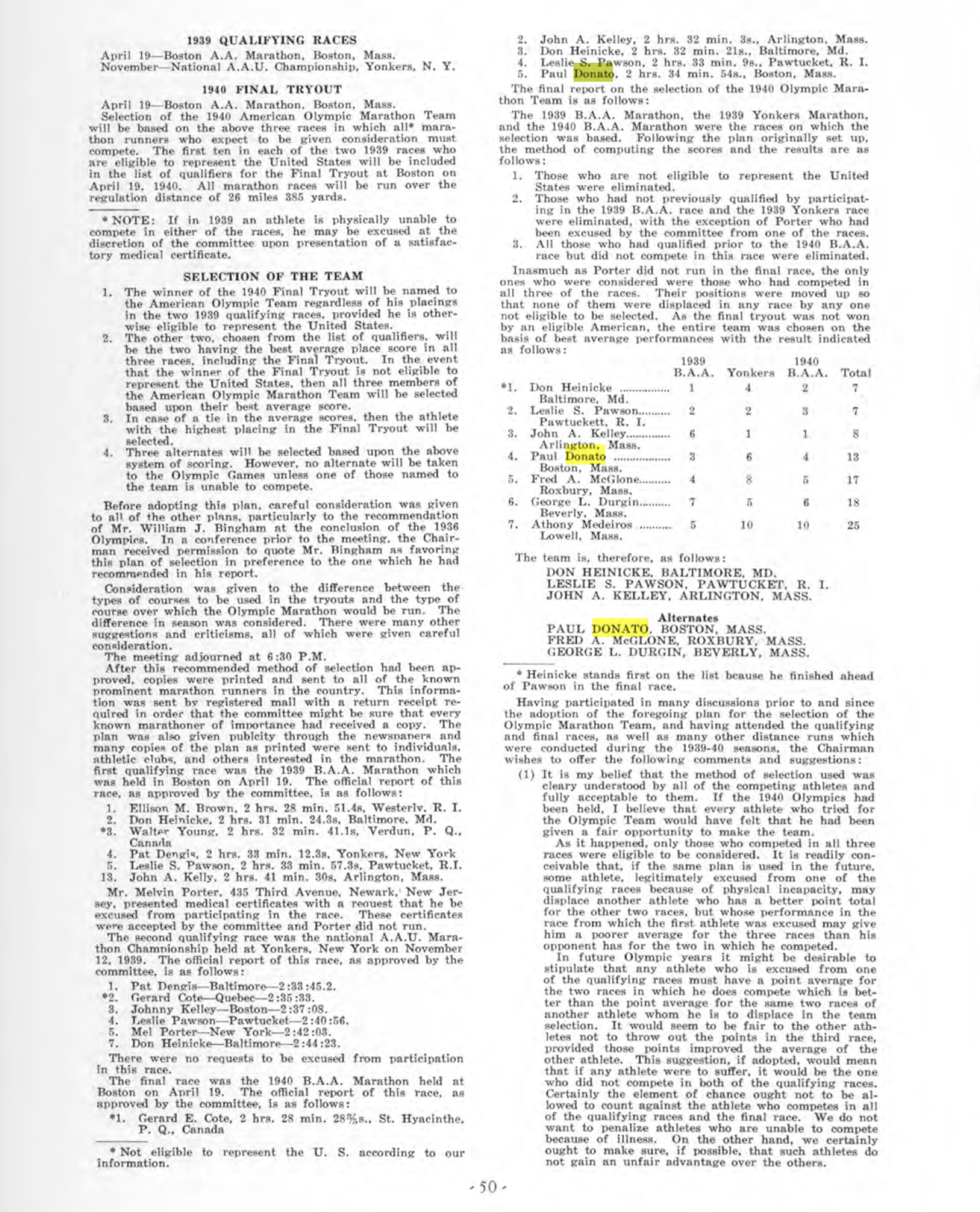 Page 50 of the American Olympic Committee Report showing the qualifying races, the selection method, race results and the named team with alternates.