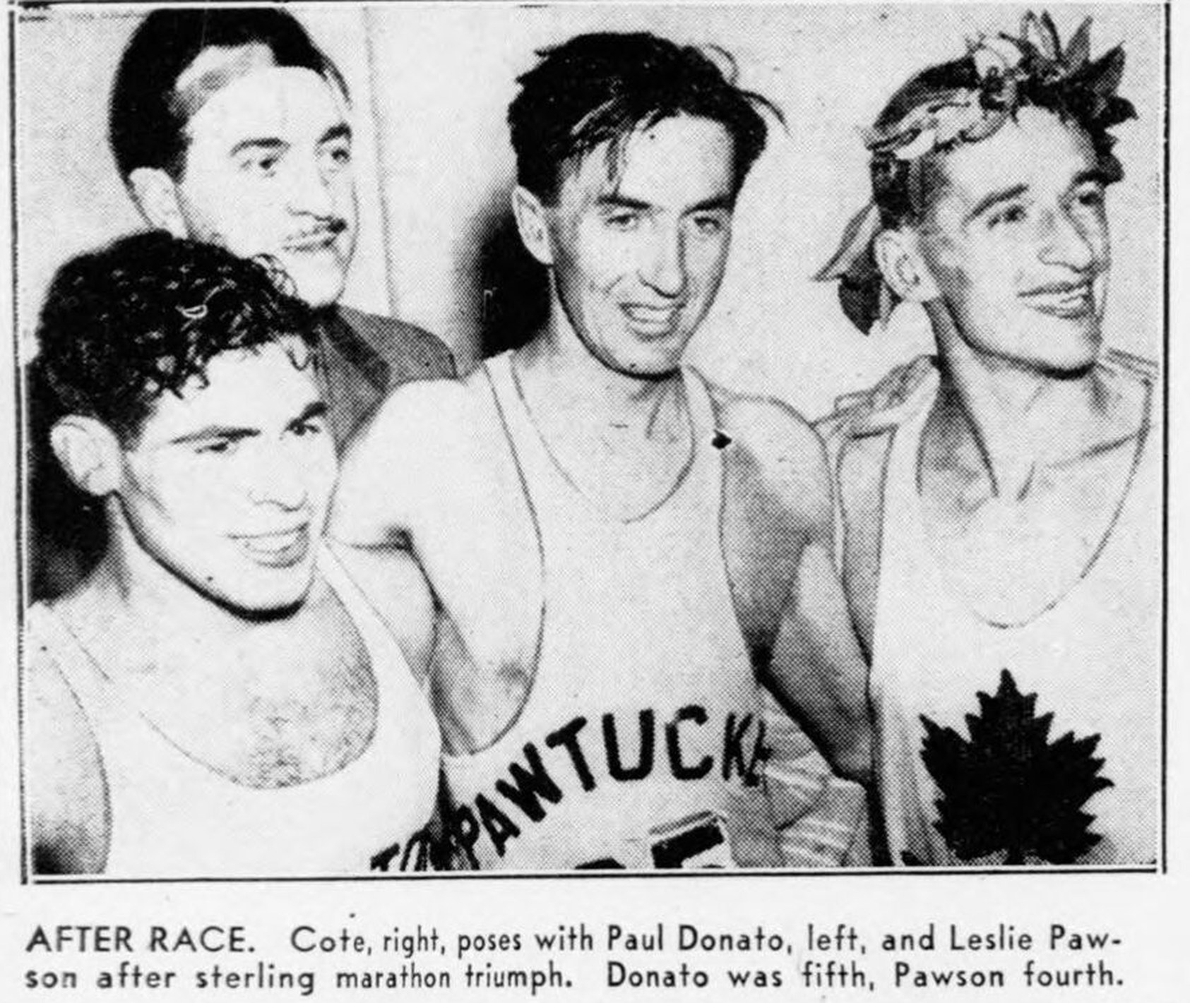 Newspaper photograph of three runners posing after the race, one wearing a laurel wreath, another in a PAWTUCKET singlet, captioned After Race.