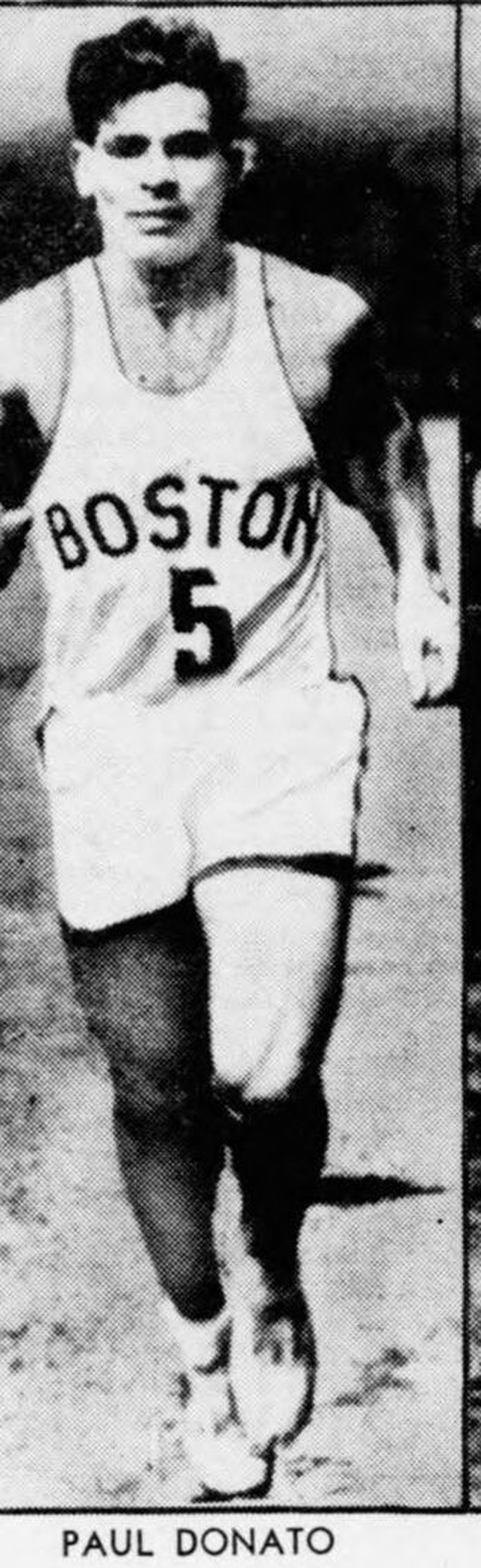 Newspaper portrait of Paul Donato running in a white singlet lettered BOSTON with the number 5, captioned with his name.