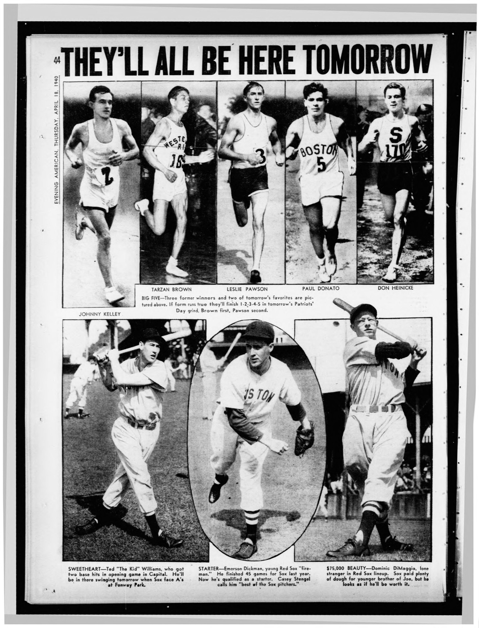 A full newspaper page headed THEY&rsquo;LL ALL BE HERE TOMORROW. Five running portraits across the top, Paul Donato fourth from the left in a singlet lettered BOSTON, and three Red Sox photographs below, Ted Williams at the left.